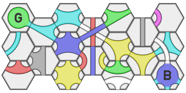 Game board of hexagonal tiles with channels containing random colors.